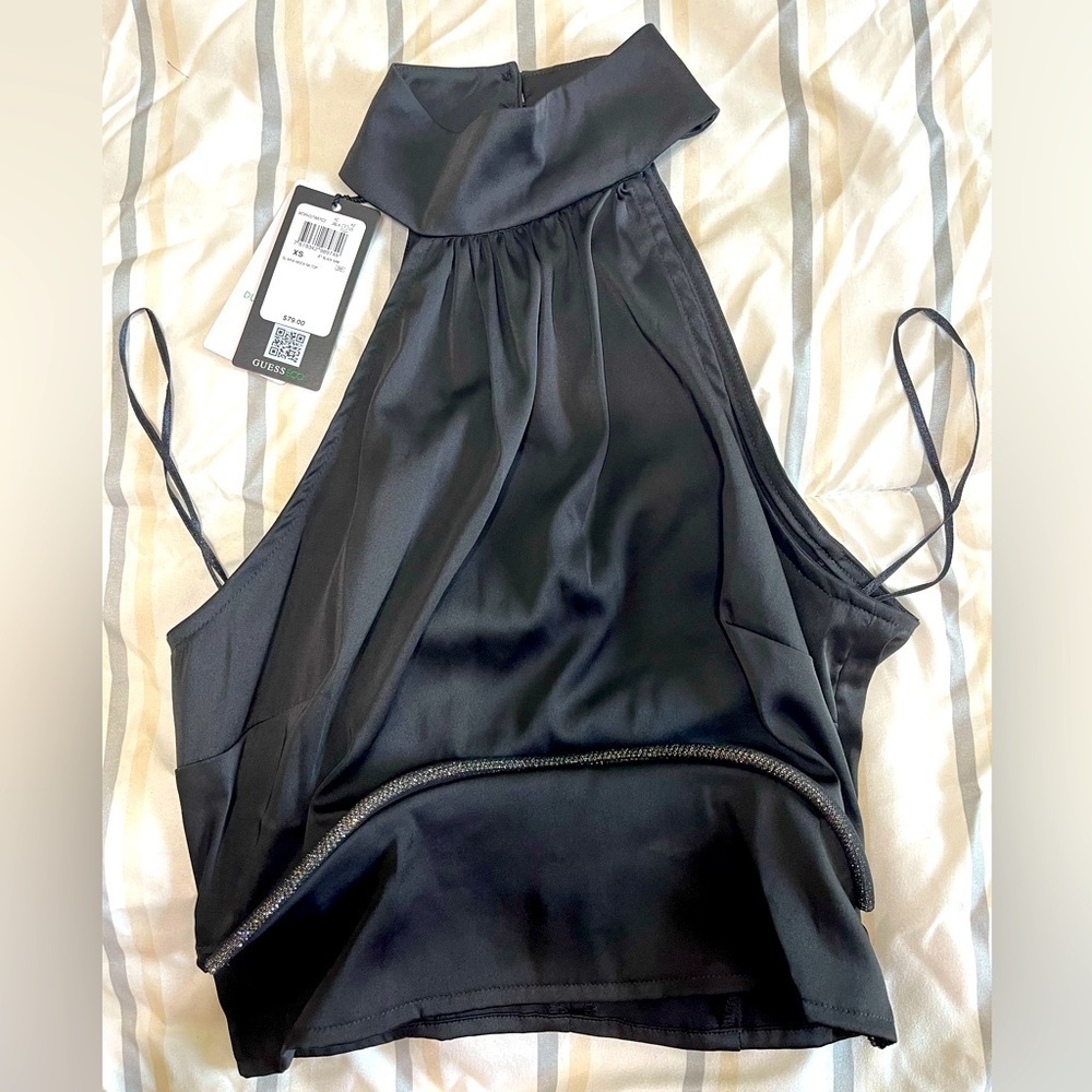 Guess ‘Aria’ Black Satin Mock Neck Top, NWT